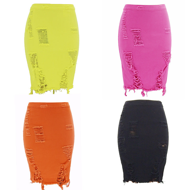 Hole bag hip skirt denim skirt
