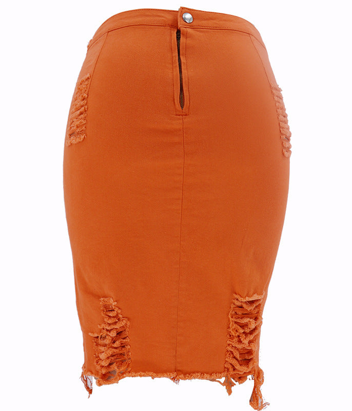 Hole bag hip skirt denim skirt